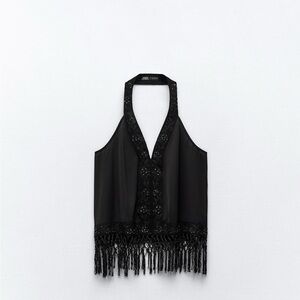 Zara Fringe Embroidered Satin Effect Top